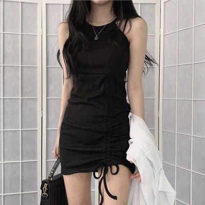Hanging Neck Style Suspender Skirt, Spring Outfit, Retro Temperament, Black Dress for Women