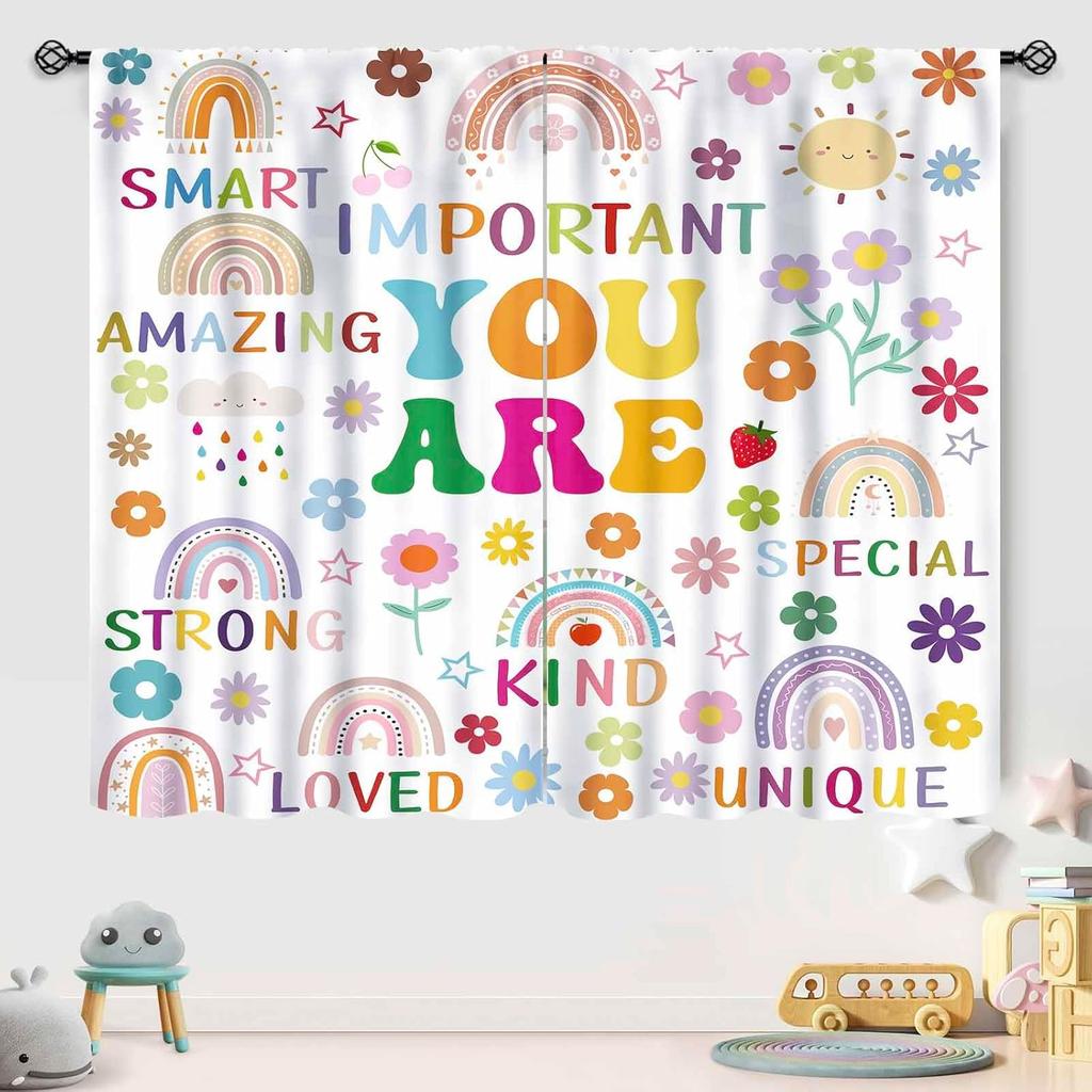 Rainbow Quote Curtains Kids Cartoon Cute Flowers Sun Lovely Inspirational Motivational Words Boys Girls Bedroom Window Polyester Decor Treatment