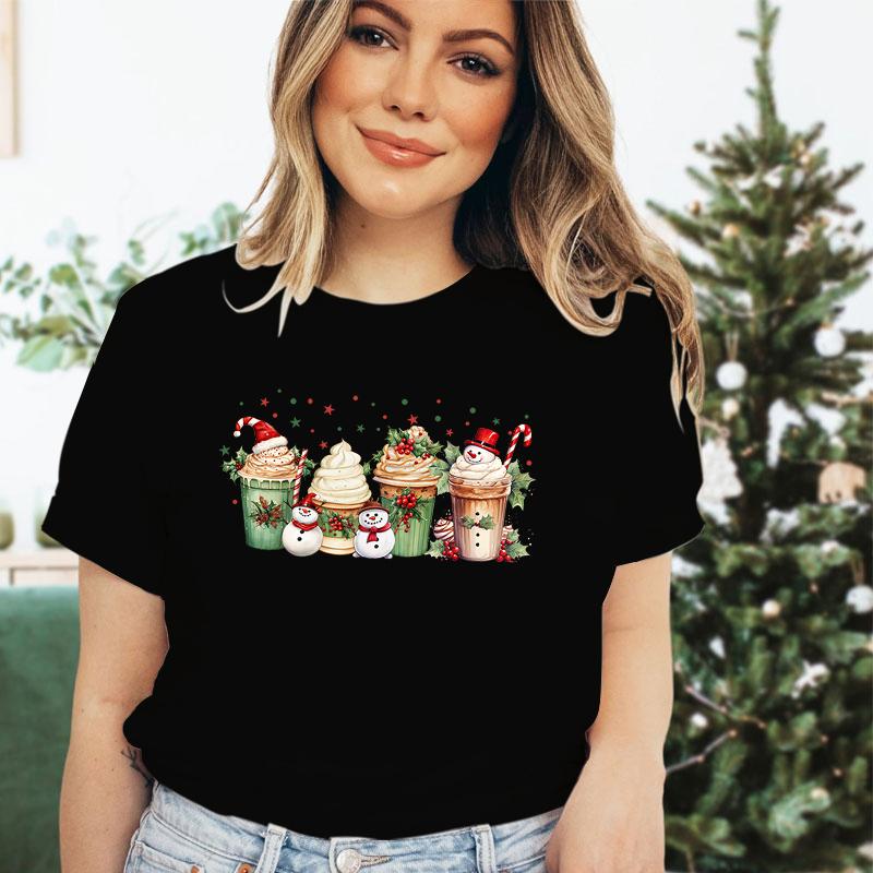 Snowman Coffee Christmas Women T Shirt Tops Tee Red Tshirt Female Summer Tshirt Christmas Graphic Tee Female Cute Tops Tee