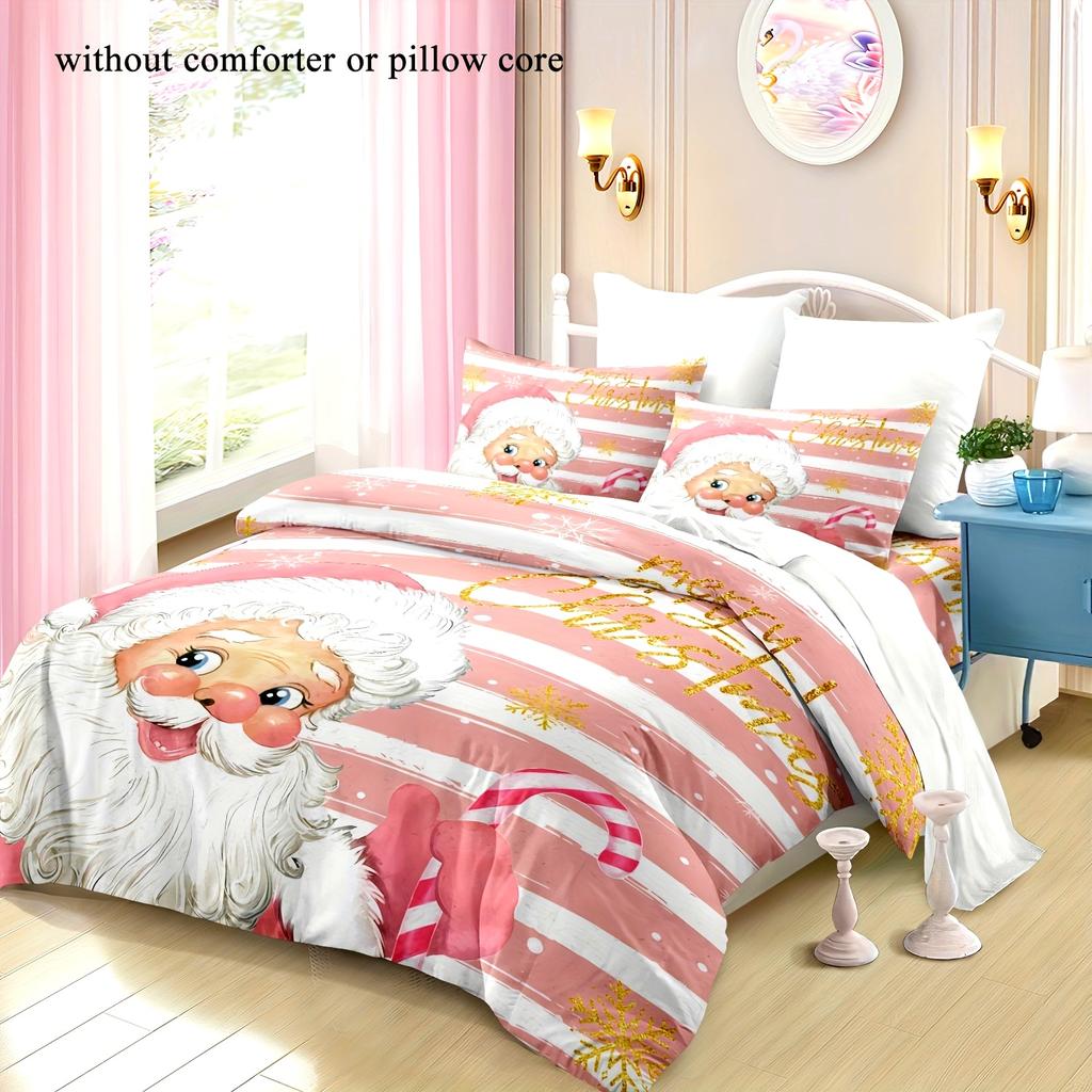 Christmas Santa Claus Duvet Cover Set - Cute Pink And White Stripe Bedding With Golden Merry Christmas Print - Soft Polyester