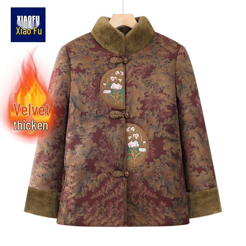 Women s Chinese Style Winter Plush Embroidered Padded Jacket 3XL