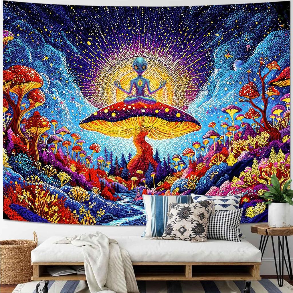 Yeoiat Meditating Alien Mushroom Tapestry Fantastic Wonderland Wall Hanging Aesthetic Decor for Bedroom Dorm Living Room, 60x44 Inch