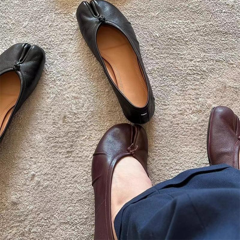 Soleist Split Toe Women Ballet Flats Shoes Soft Leather Comfortable Walking Shoes Retro Slip-on Loafers Ladies Casual Luxury Shoes