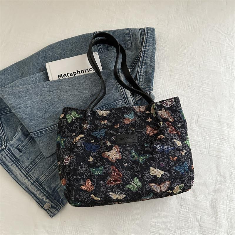 

Trendy Korean Butterfly Design Canvas Shoulder Tote Bag Spacious And Versatile For Women чорний