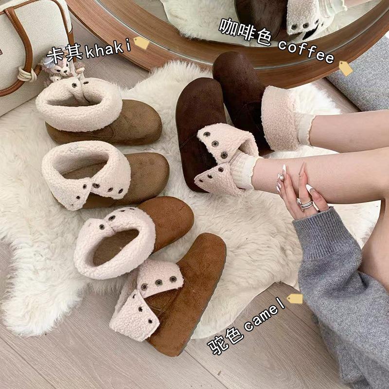 Two wear snow boots women's winter new retro lamb wool short boots velvet cotton shoes