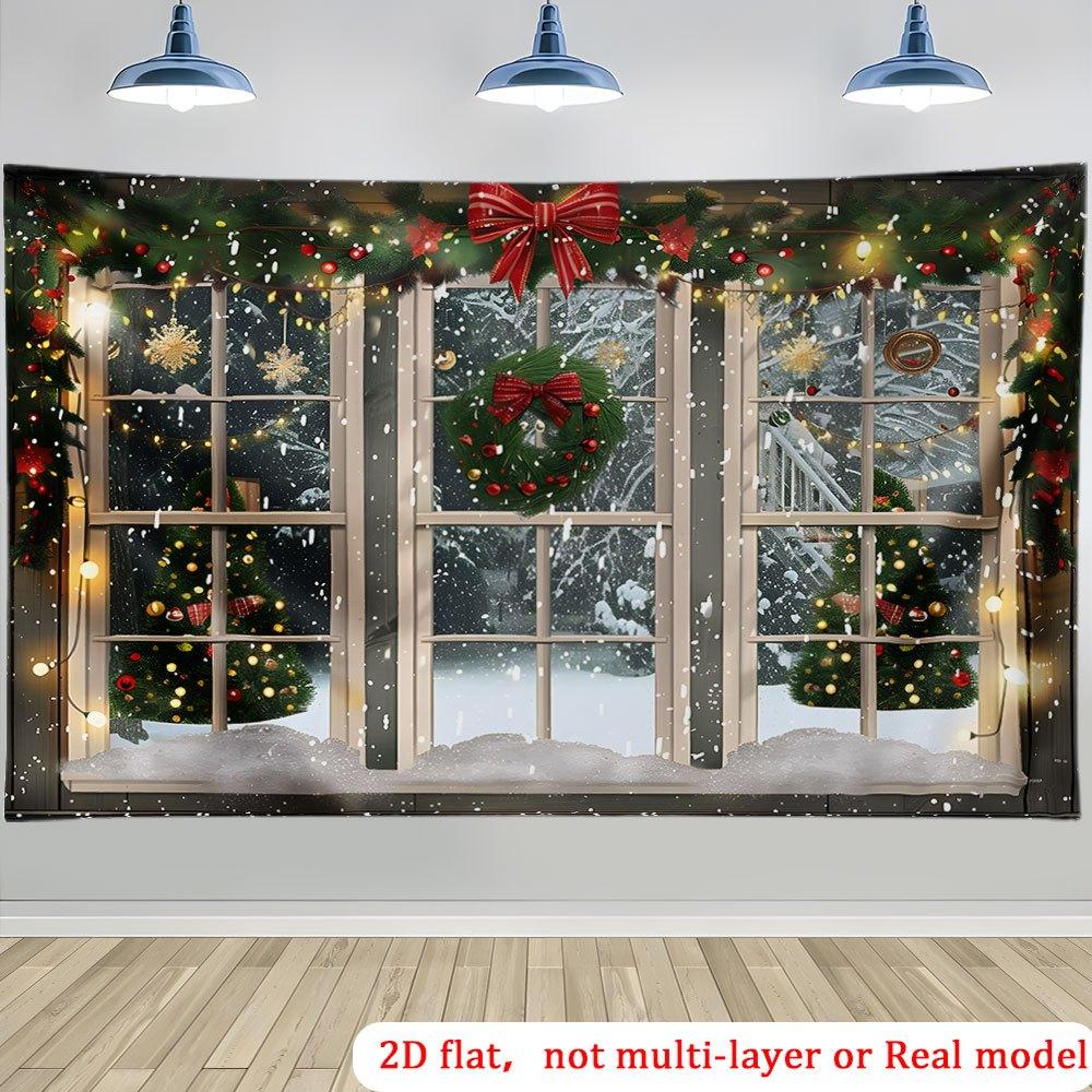 1 large Christmas wreath window view party banner - high-definition printed garage background with snow night scene