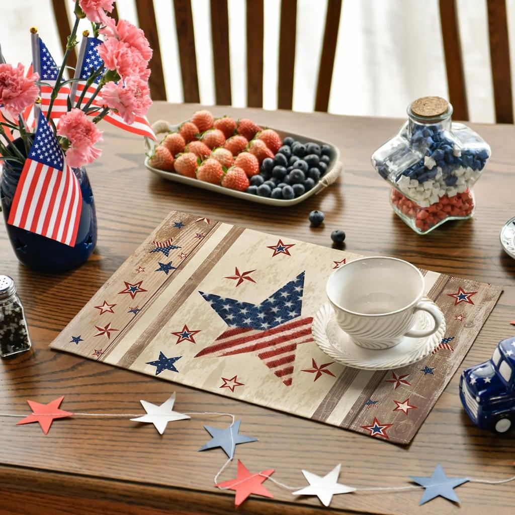 Wood Stars Strip-Shaped Patriotic 4th of July Placemats Set of 4,12x18 Inch Memorial Day Seasonal Spring Table Mats