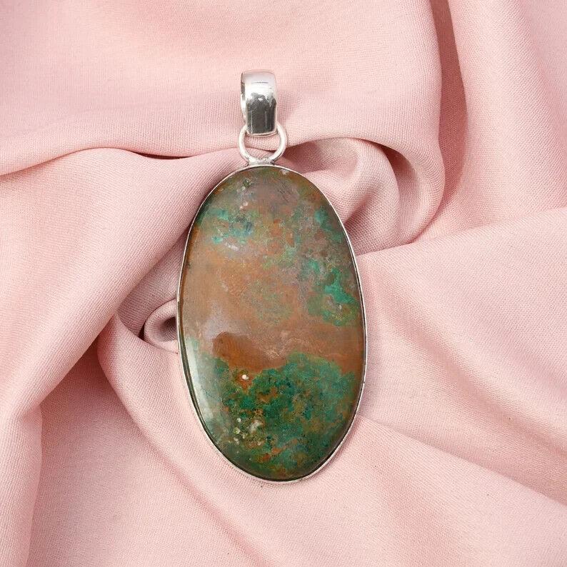 Chrysocolla Pendant With Silver Chain Necklace 925 Sterling Silver Pendant