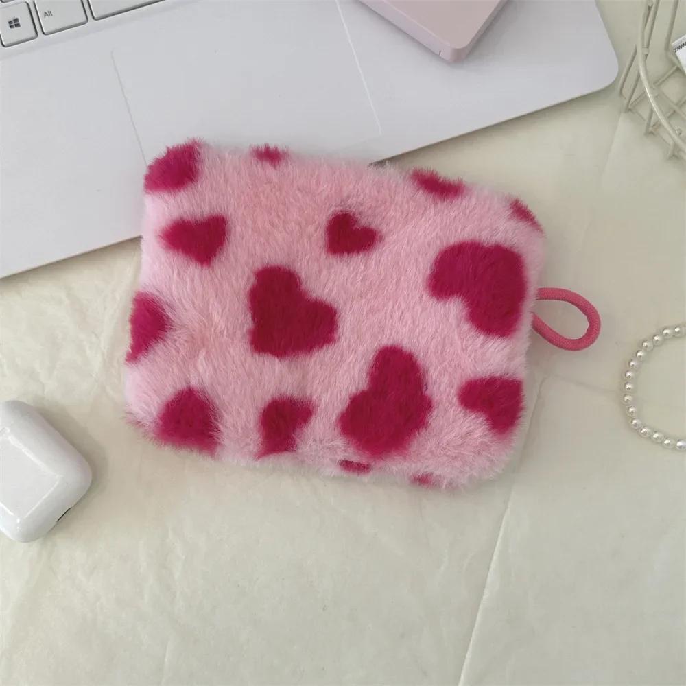 Women Plush Love Lipstick Cosmetic Storage Bag Heart Dot Stripes Leopard Print Clutch Mini Key Coin Purse ID Bag Case