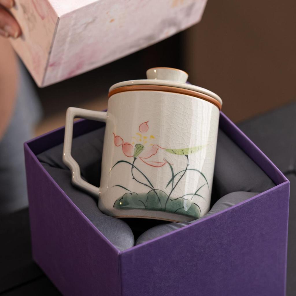 Ge Kiln Ceramic Tea Cup Set: Three-Piece Mug with Inner Liner, Gift Box, Logo Customizable, Perfect for Business Gifts