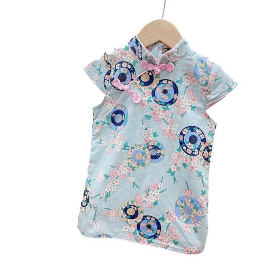 

Детское платье с цветочным принтом, привлекательный детский костюм Cheongsam в стиле ретро для девочек на фестиваль 110 зелёный
