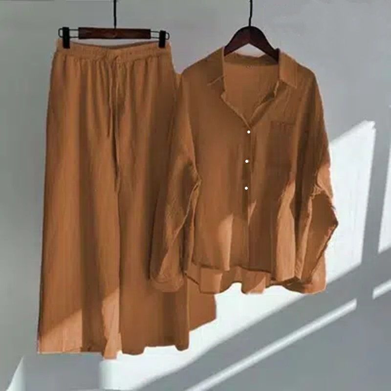 Shirt and Pants Set Summer Women's Retro Plus Size High Waist Loose Pants Cotton Linen Shirt Outfit