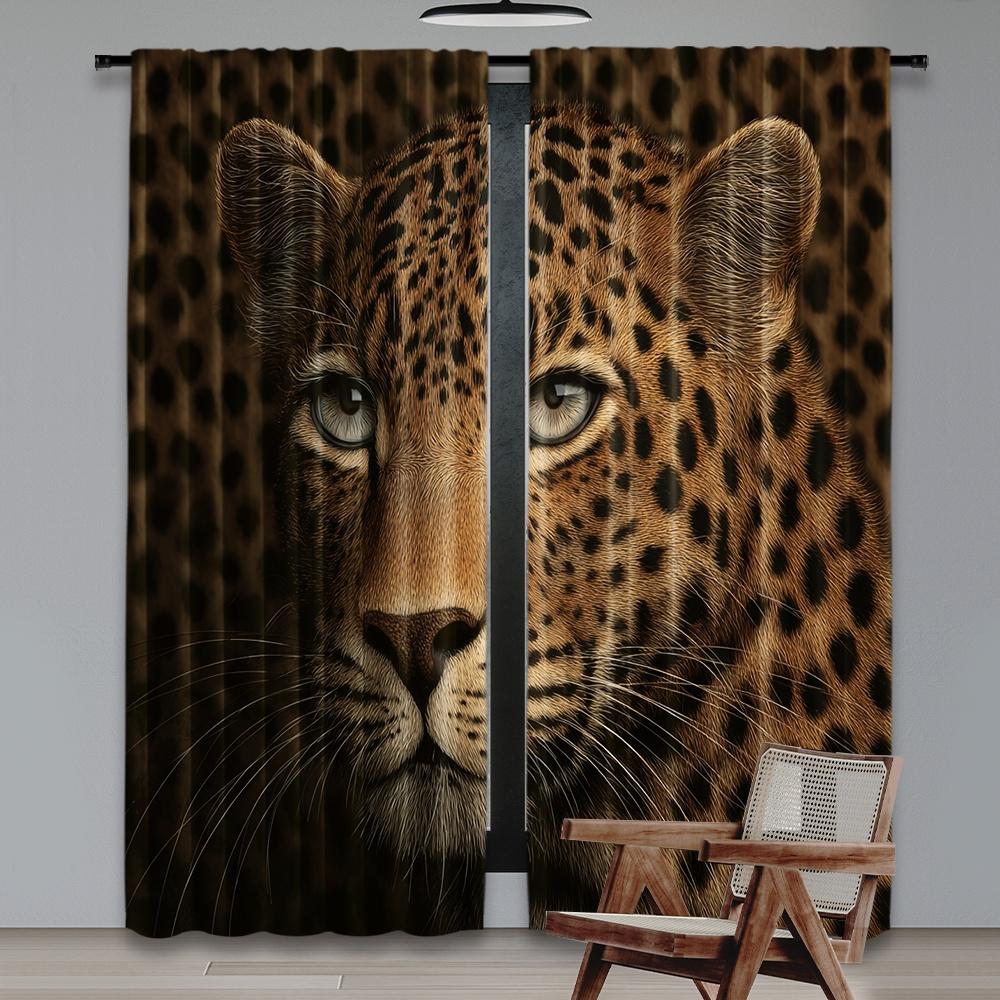 Set Of 2 Flat Printing Curtain Leopards Intense Gaze Digital Printed Polyester Drapes Party Decorations Use Indoor Outdoor