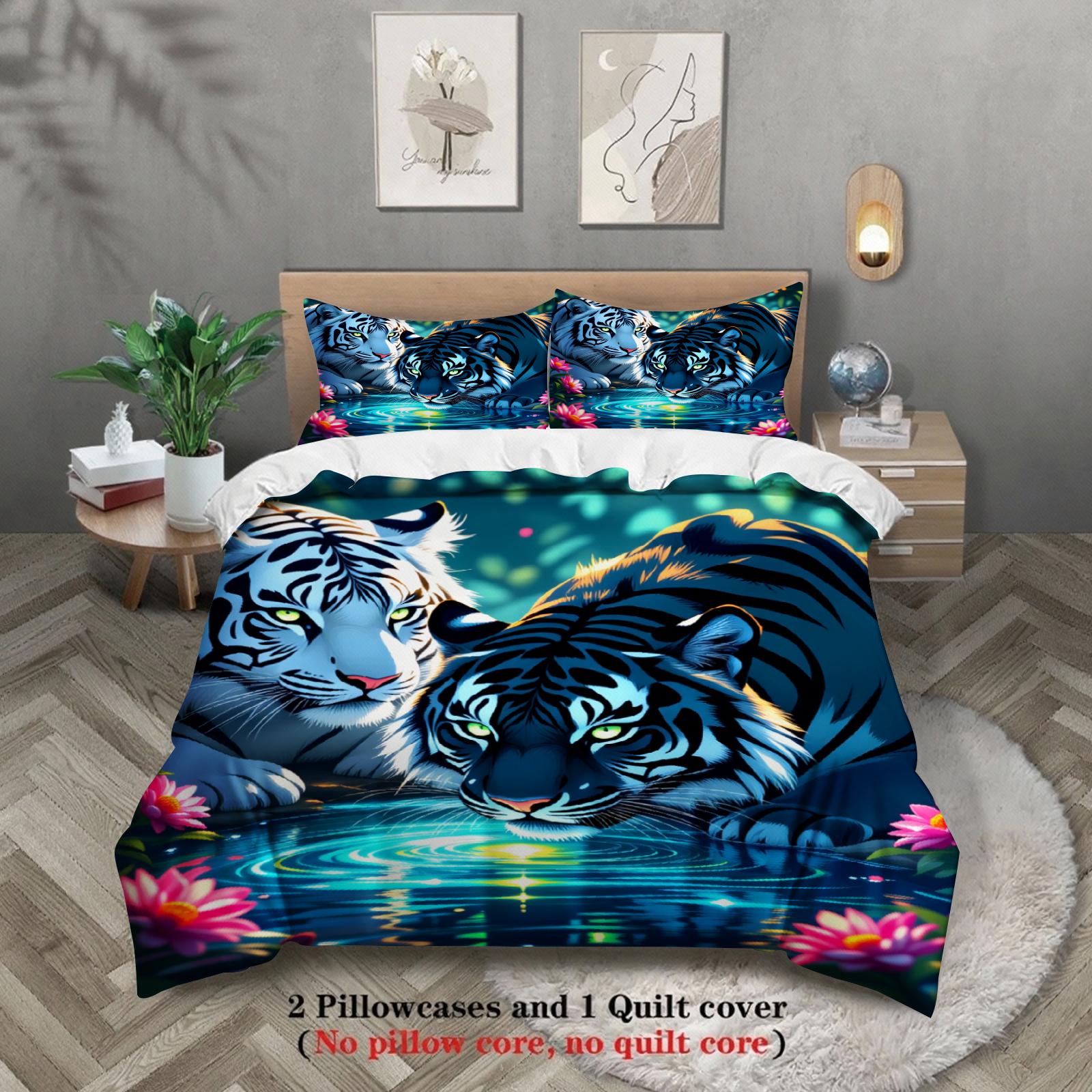 

3pcs Tiger Bedding Sets 3D Printed Animal Pattern Anti-Slip Easy Care Durable Duvet Cover Sets With Pillowcases No Filling US Twin(172x218cm)