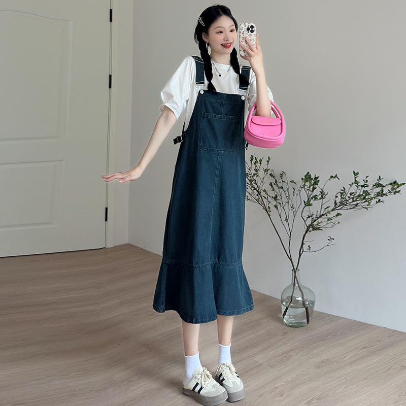 2026 Summer Chic Mermaid Denim Maternity Overall Dress with Patchwork T-Shirt