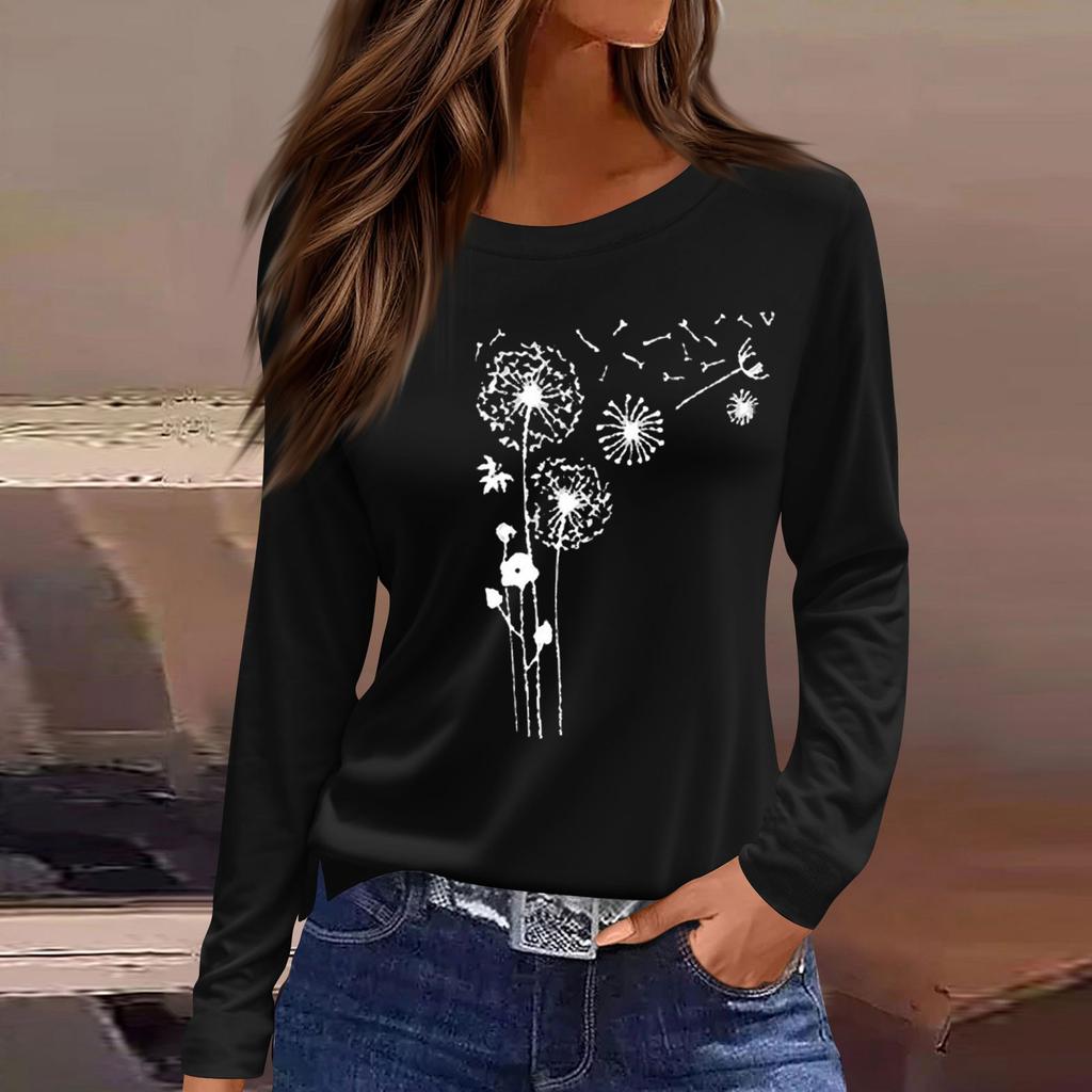 Mote Casual Langermet Trykk Rund Hals Pullover Topp Bluse for Kvinner