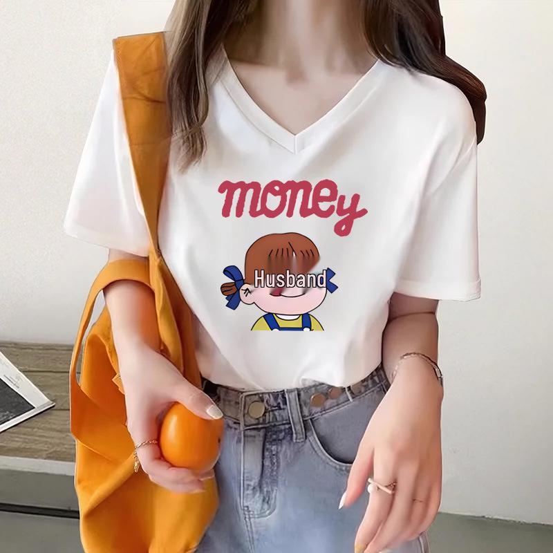 

Women s Loose Casual Crew Neck Short Sleeve T-shirt - Cute Cartoon Print, Pure Cotton, Spring/Summer XXL