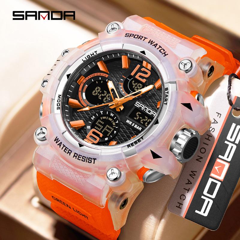 Sanda Dual-Movement Sports Watch with Countdown, Alarm, Night Light, Waterproof, and Multi-Function Features for Students.