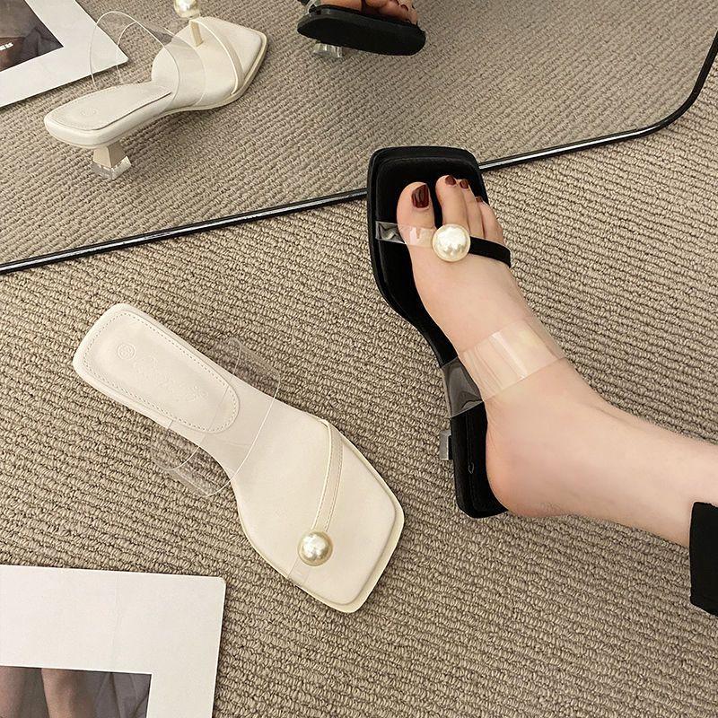 One Word with Transparent Sandals Female 2025 Explosion Summer Temperament Small Feet High Heels Fairy Style Pearl Cool Slippers