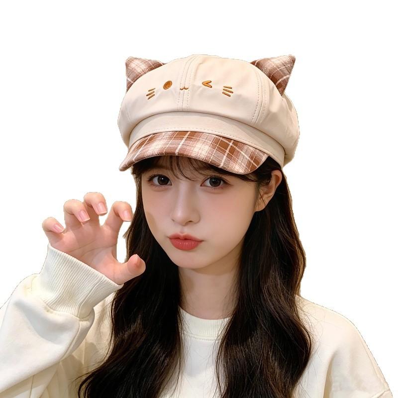 Plaid three-dimensional cartoon embroidered octagonal hat lady cute newsboy hat girl shade beret hat