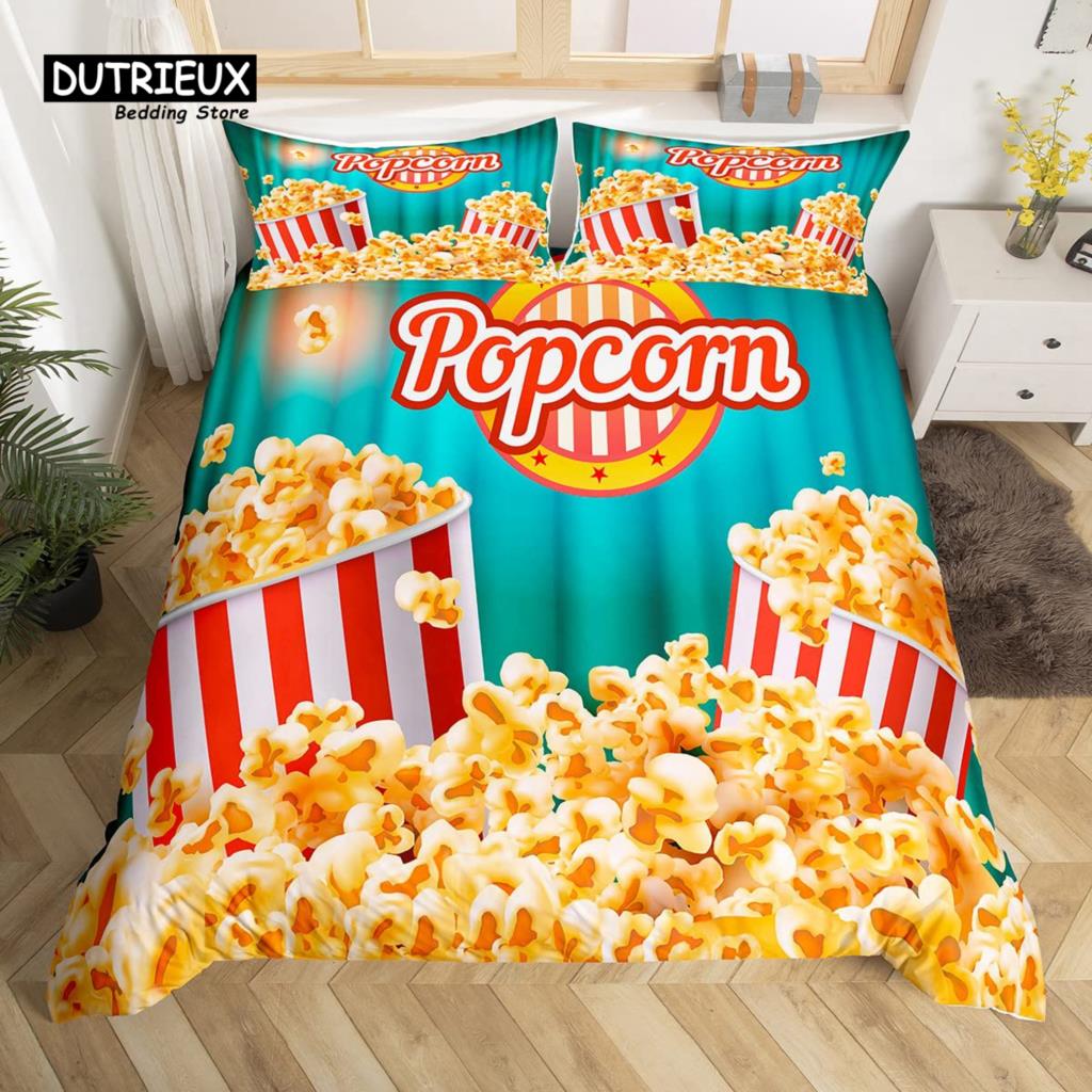 Popcorn Duvet Cover Movie Theater Food Bedding Set Microfiber Cinema Poster Comforter Cover Twin Full For Kids Teens Room Decor