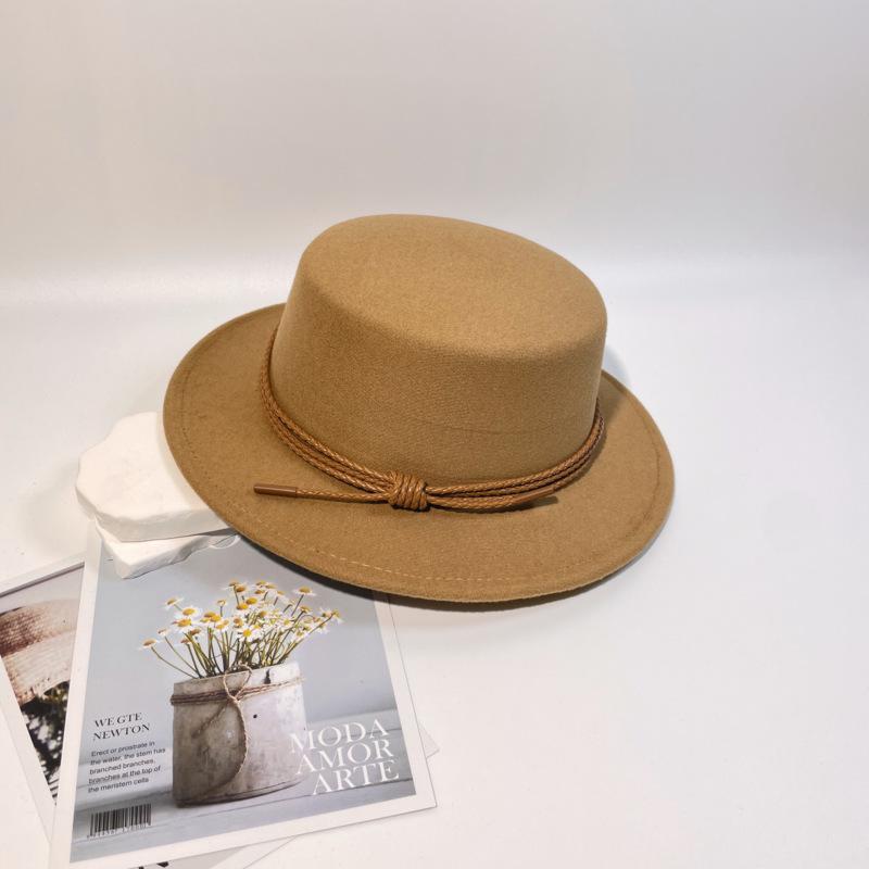 New Leather Rope Flat-top Woolen Top Hat Women's Autumn and Winter Temperament Elegant and Fashionable Versatile Flat-brimmed Felt Hat Men's Stage