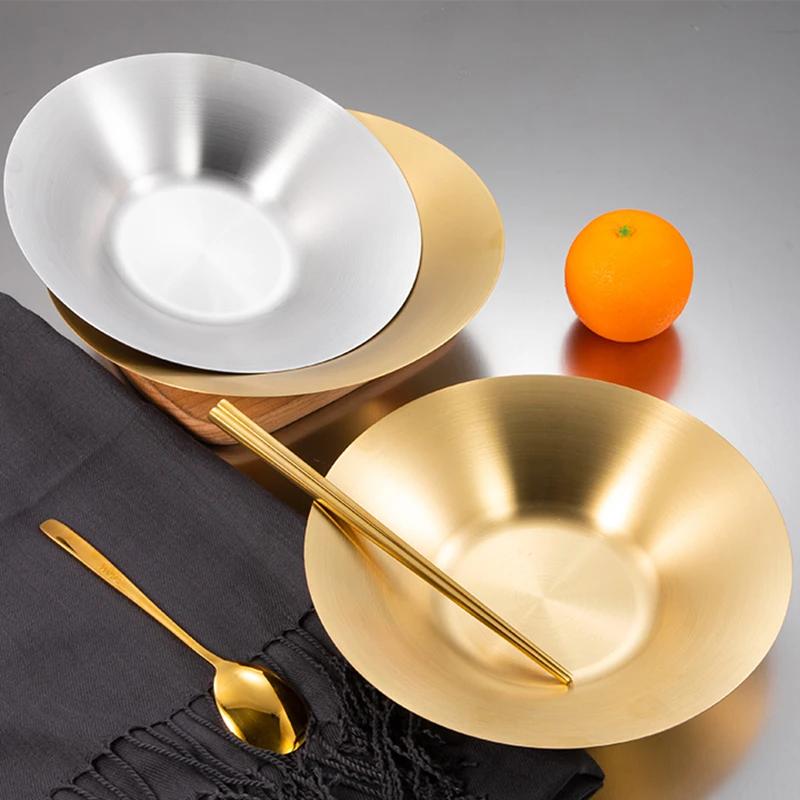 304 Deepened Stainless Steel Dinner Plate Korean Style Round Fruit Serving Dishes Trays Main Dining Noodles Platter Salad Bowl
