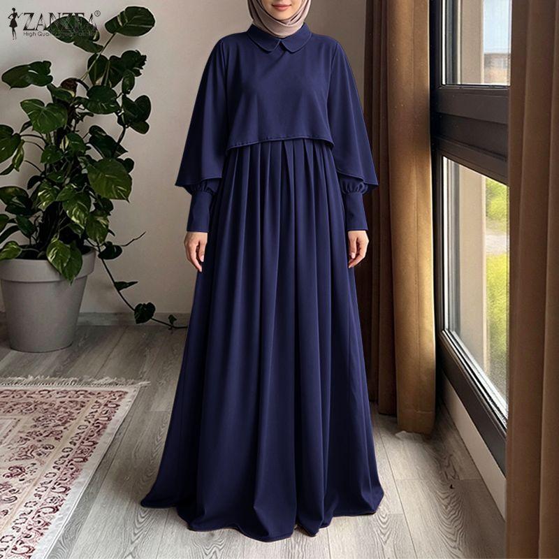 ZANZEA Women Muslim Casual Round Neck Solid Color Long Sleeve Loose Dress