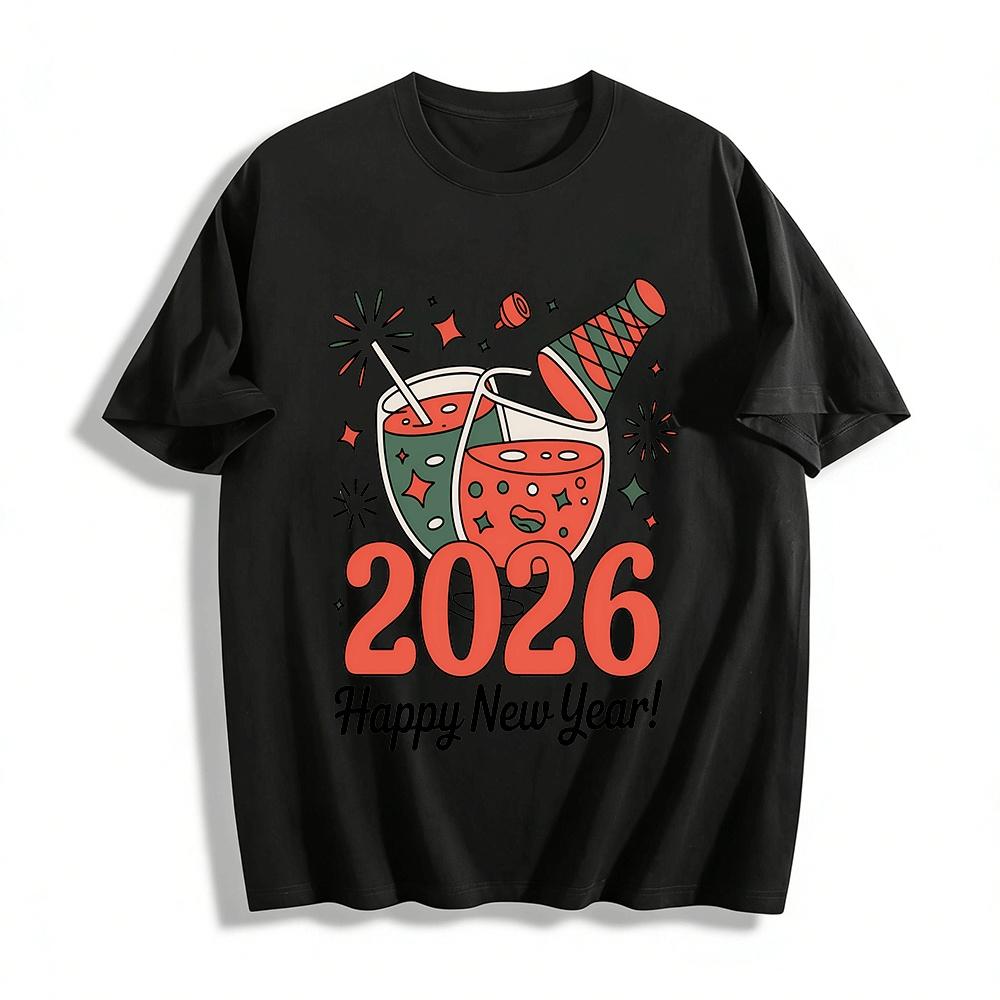 

2026 Happy New Year Party Print Casual Top Retro Vibe New Year Style Pure cotton T-shirt XXS