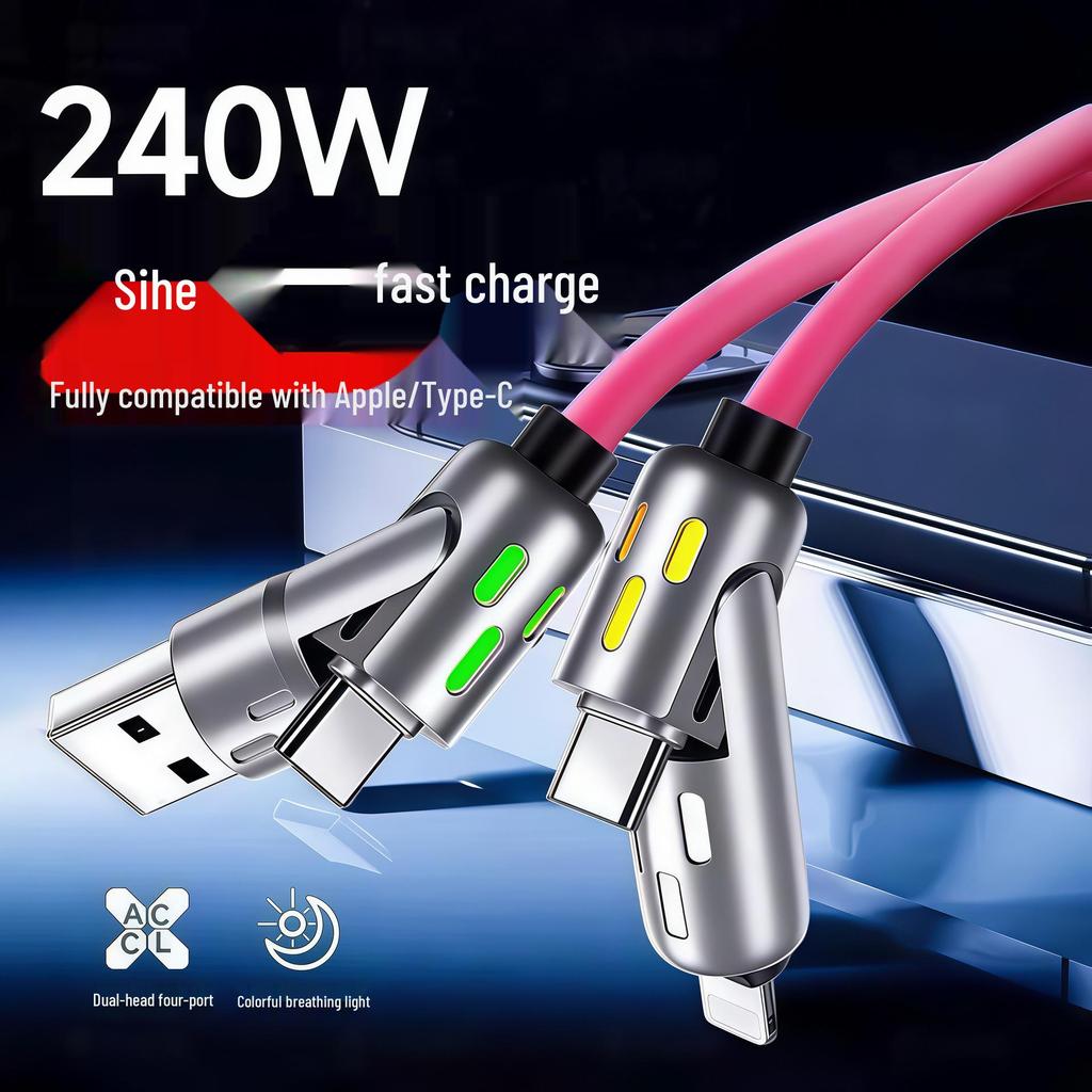 PD3.1 4-in-1 6A Fast Charging Cable with Dual-Light, Compatible with Apple, Type-C, Huawei, and Car Chargers.