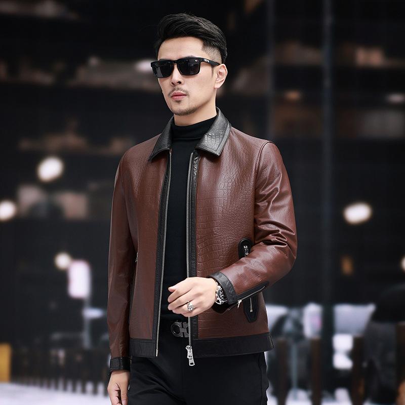 Autumn and Winter New Men's Leather Jackets, Fashionable High-end Crocodile Pattern Lapels, First-layer Cowhide Contrasting Color Jackets