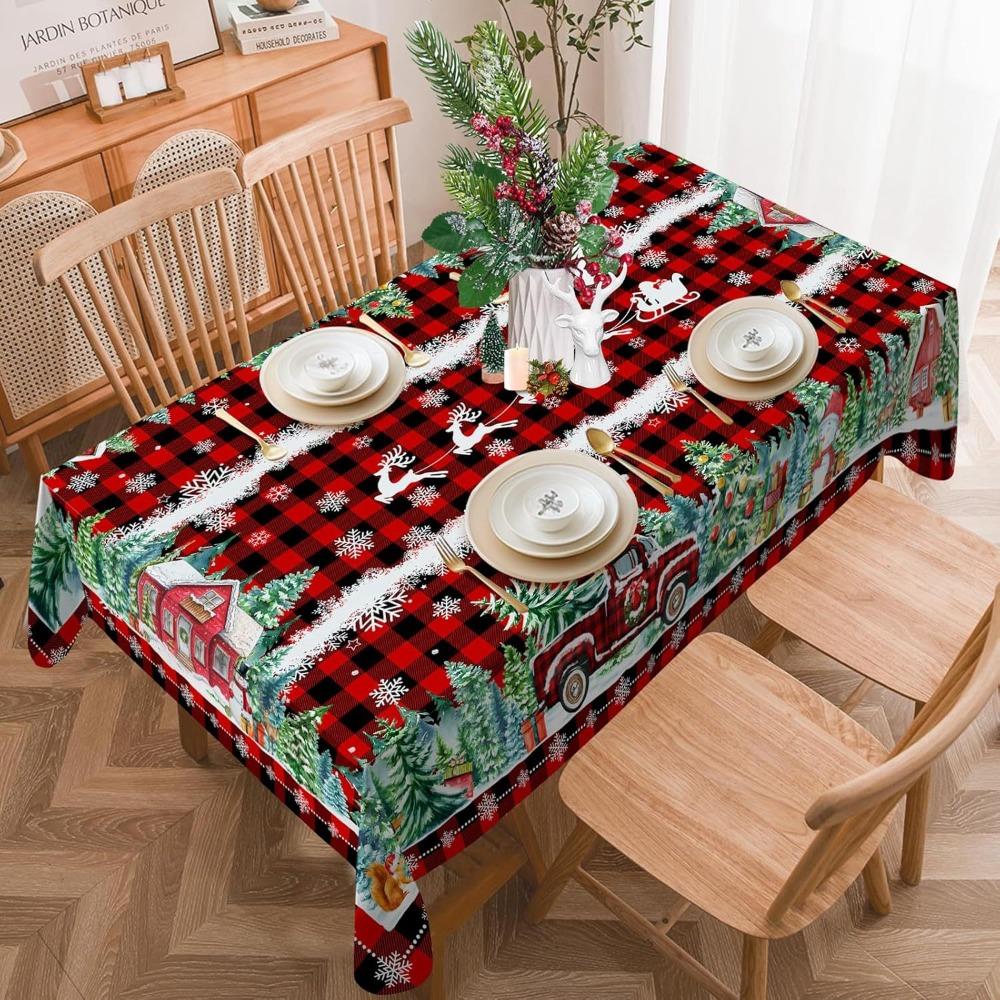 Christmas Polyester Tablecloth Snowman Print Lightweight Stain Resistant Dining Decor Long Table Cover