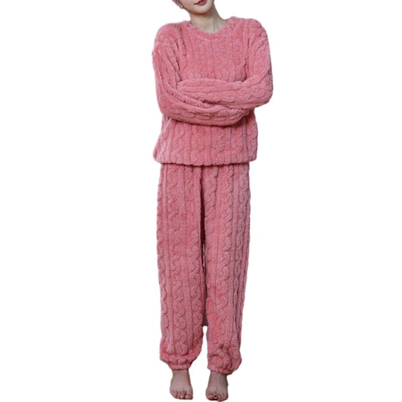 Damen Herbst- und Winter Korallenfleece Freizeit-Pyjama-Set Warmes Langarm-Oberteil und Hose Hauskleidung Zweiteilig