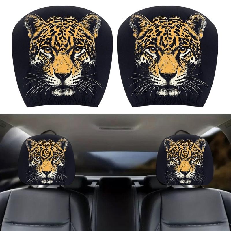 Headrest Cover Pair for Car Cabin Style, Animal Face Print on Polyester Fabric with Slip-On Elastic Edge Design for Daily Driving and Plain Headrest