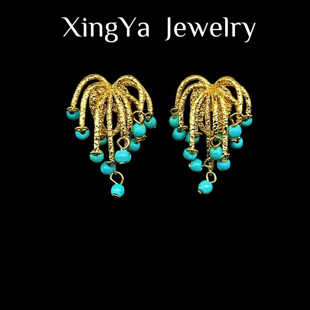 Ear Stud Ring Set French Retro Fashion Niche Tassel Turquoise Bead Earrings Light Luxury Versatile Women