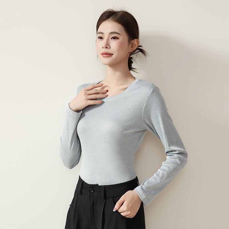 Women's Round Neck Ribbed Ice Silk Base Layer T-Shirt for Autumn/Winter - Slim Fit, Solid Color, Ideal for Yoga & Dance