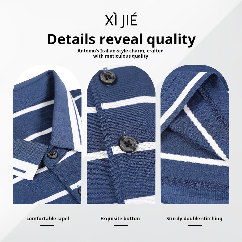 Men's Short Sleeved T-shirt with Mulberry Silk and Cotton, Summer Outfit, New Breathable Business Striped Thin Polo Shirt