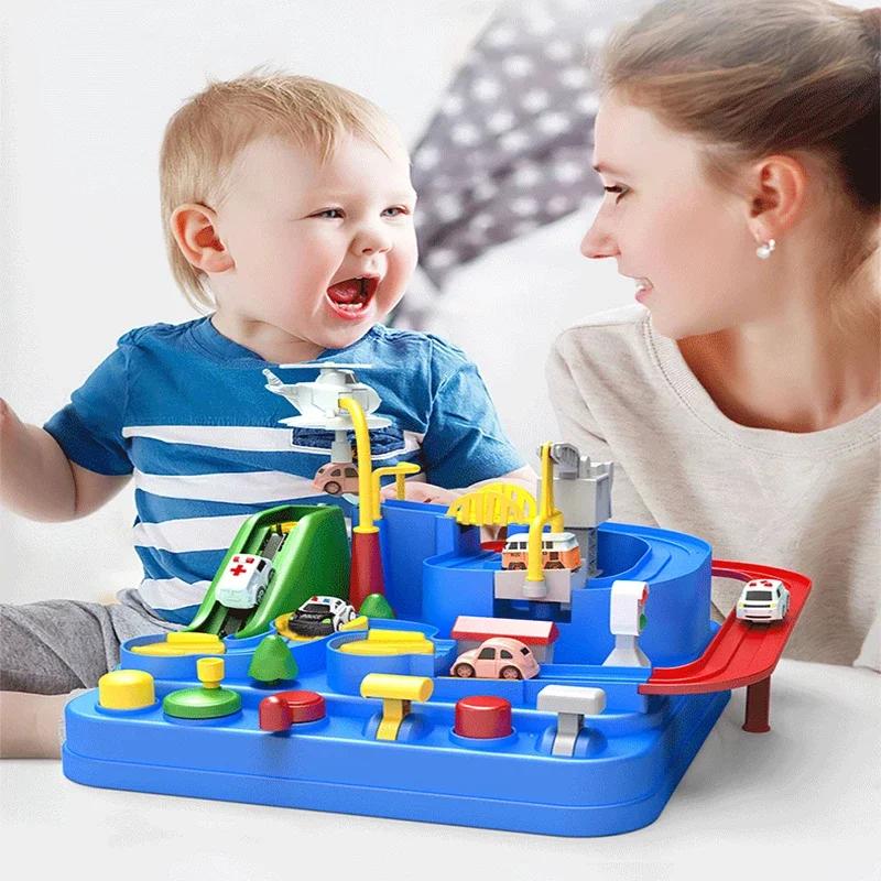 4 Cars Racing Rail Car Miniature Learning-Enhancing Playthings Car Rescue Track Adventure Game Mechanical Engaging Train Track Kits Plaything