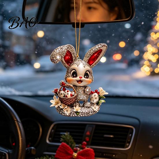Lightweight Acrylic Rabbit Figurine Easter Bunny Pendant, Cute with Basket, 2D Car Party Favors Rearview Mirror Hanging Ornament, Bag Keychain