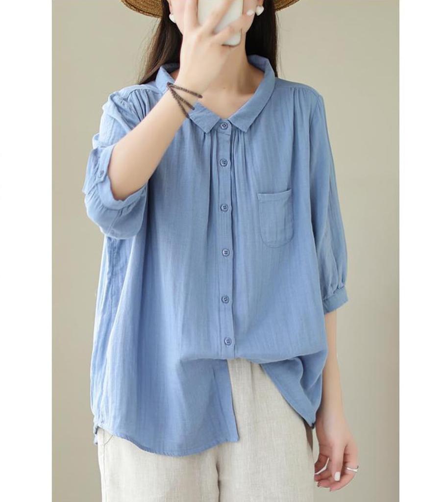 Short Loose Large Size [JHIJSC] Women's Shirt, Sleeve, Summer, Cotton, Fit, 3/4 Sleeve, Slimming, Plain, Stylish, (JP, Alphabet, L, Green)