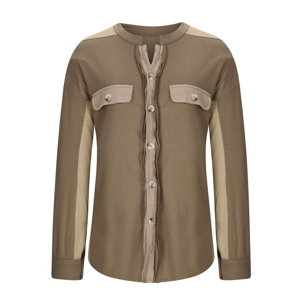 Autumn Women's Asymmetrical Shirt Jacket, Notched Lapel & Patch Pocket Design Casual Oversized Blouse for Daily Streetwear