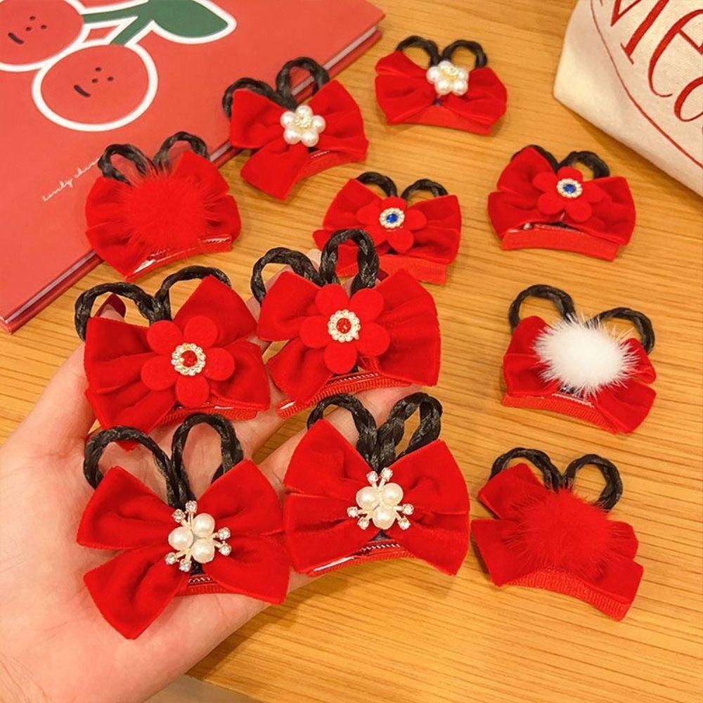 

Pearl Flower Bow Headdress Red Bangs Clip New Year Hairpin Girl Wig Hair Clip Hair Accessory