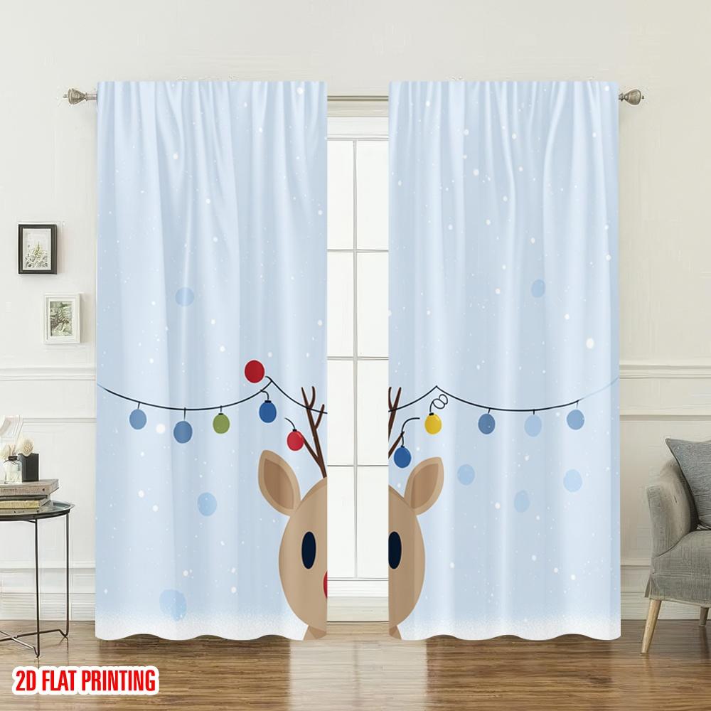 Set aus 2 flach bedruckten beliebten Weihnachtsvorhängen Rentier Schneefall Digital bedruckte Polyester-Vorhänge Festlicher Feiertagsvorhang Hergestellt