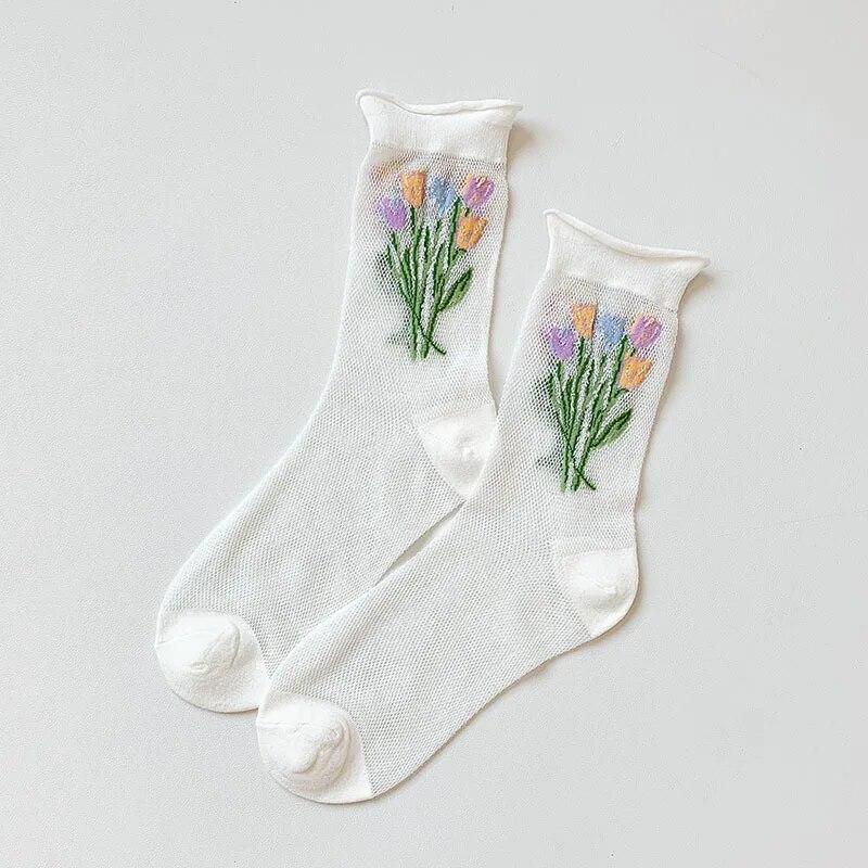 Calzini estivi in pizzo e rete con volant Calzini a rete traforata sottilissimi Calzini giapponesi coreani in cotone caldo con fiori carini Jacquard Calzini alla moda
