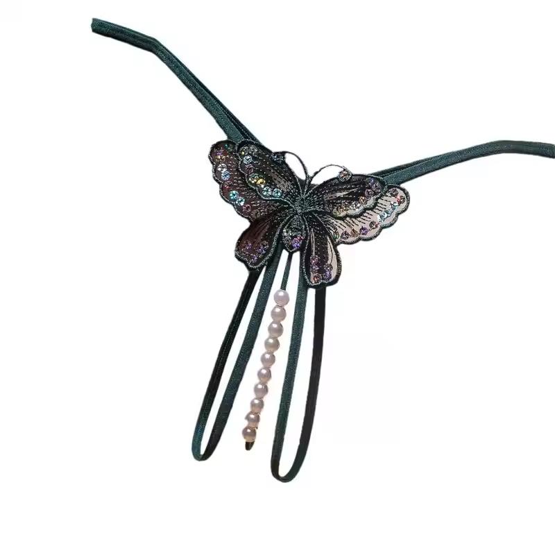 Embroidery Black Butterfly G-String Lace with Pearl Thongs T Back Temptation Open Crotch Panties for Women Sexy Erotic Costume