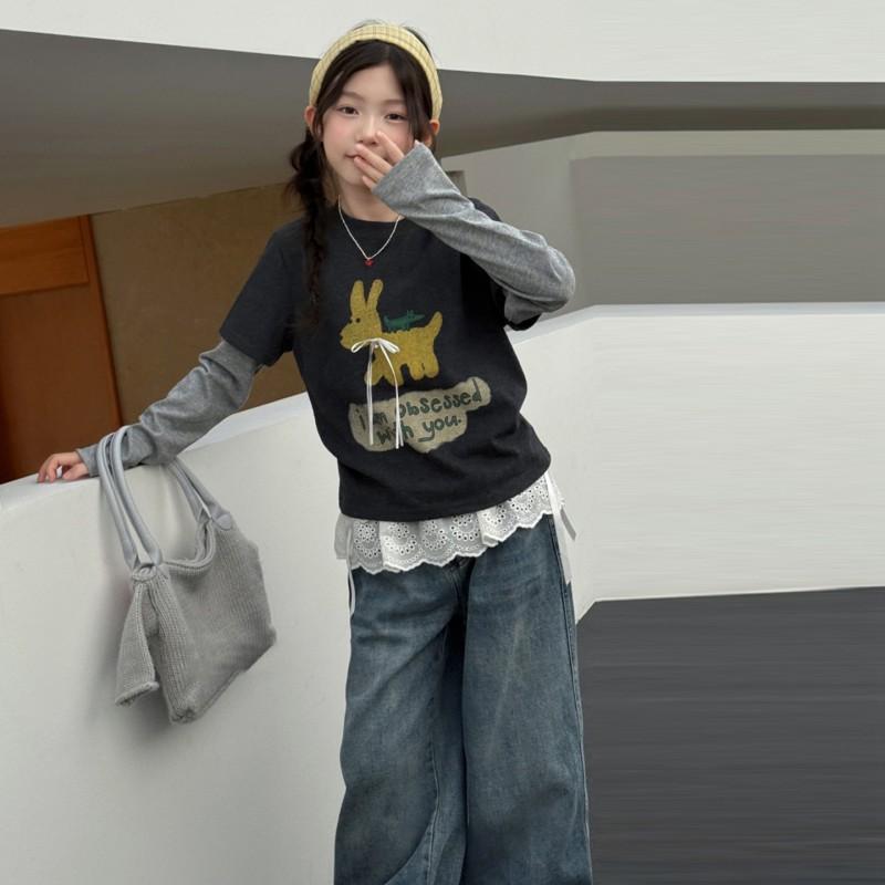 Girl Base Layer Shirt Spliced Fake 2-Piece Long Sleeve T-Shirt Slim Fit Stretch Inner Top Kids