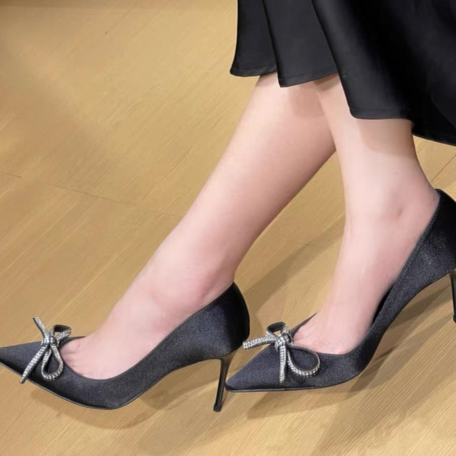 Spring New Black High Heels, Rhinestone Bow, Beautiful Temperament, Pointed Celebrity Stiletto Shoes