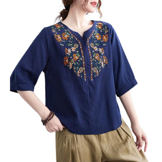 Women's Summer Embroidery Ethnic Style Seven-minute Sleeve T-shirt Middle-aged Temperament Beautiful Pullover Blouse