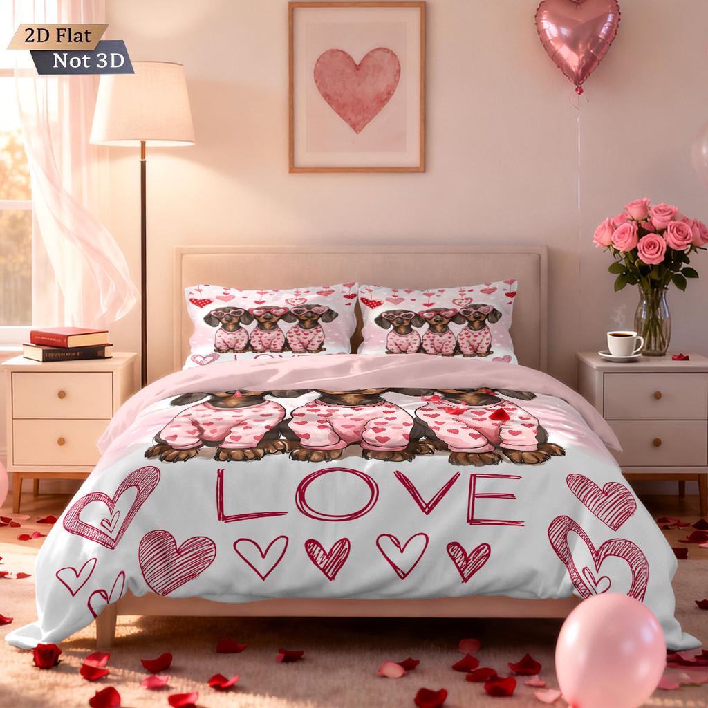 3-teiliges Valentinstags Romantische Liebe Rosa Dackel Aufdruck Chipless Steppdecken-Set Mehrere Größen Schlafzimmer Bettwäsche Festival Dekoration