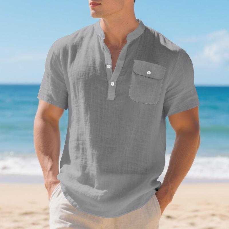 Linen Men's T-Shirt Loose-Fit Casual Workwear Commuter Menswear Short-Sleeved Henley Pocket Shirt